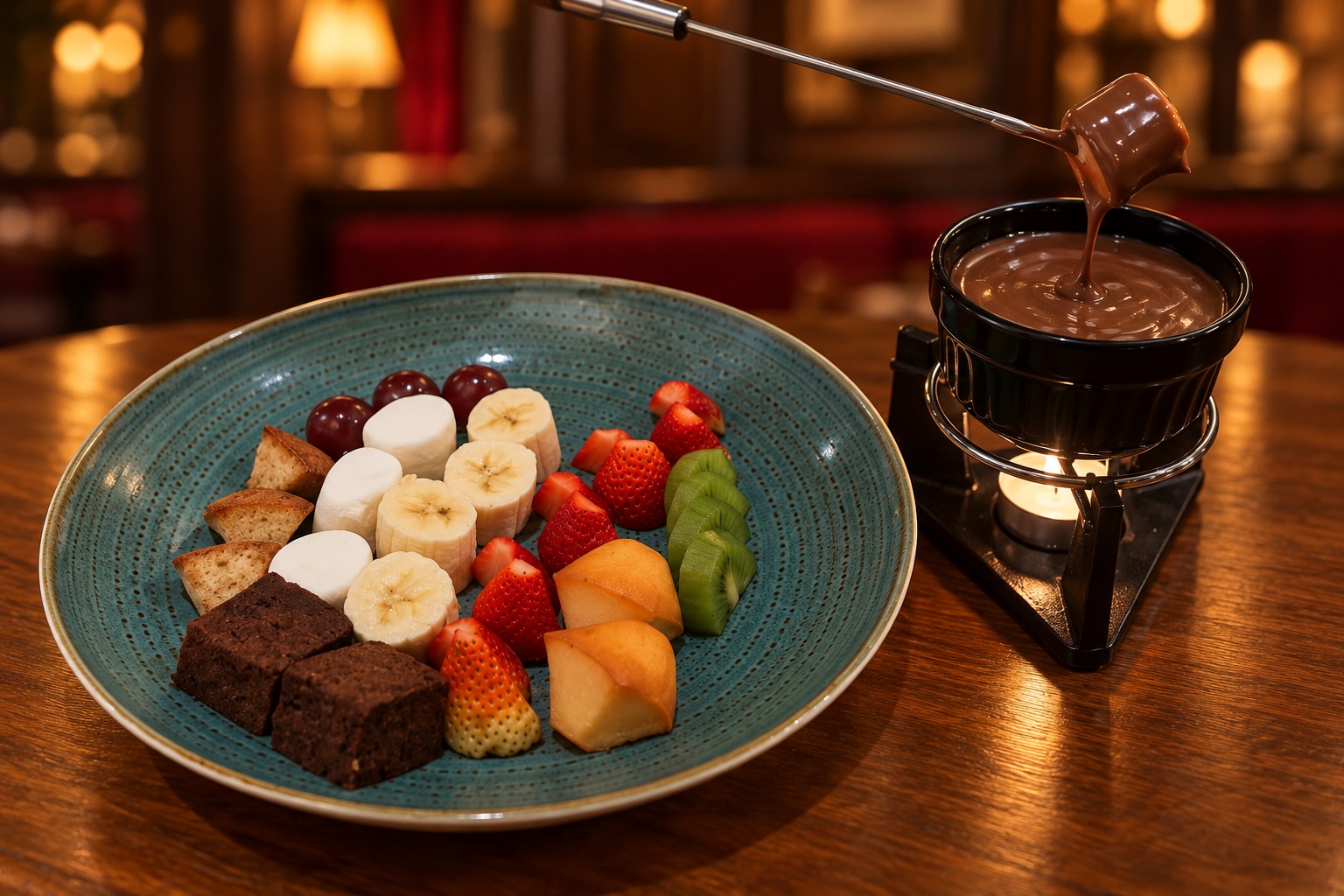 Recreación visual: Fondue de chocolate con frutas y marshmallows para sumergir