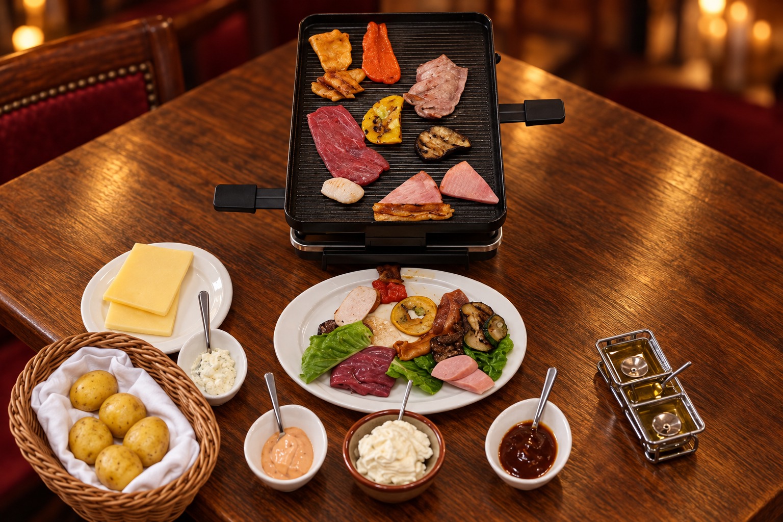 Recreación visual: Raclette con parrilla y acompañamientos en la mesa de La Fondue