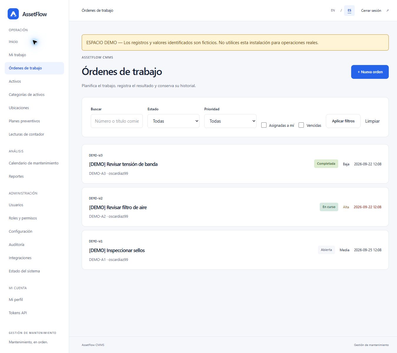 Listado de órdenes de trabajo de AssetFlow